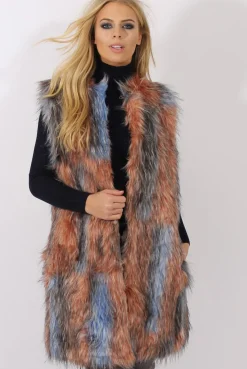 Rebellious Fashion Pink & Blue Faux Fur Long Gilet - Britt