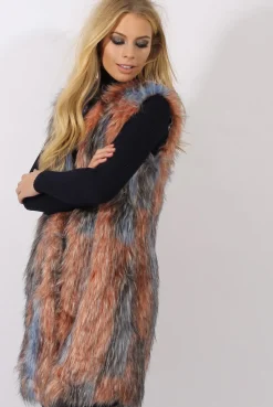 Rebellious Fashion Pink & Blue Faux Fur Long Gilet - Britt