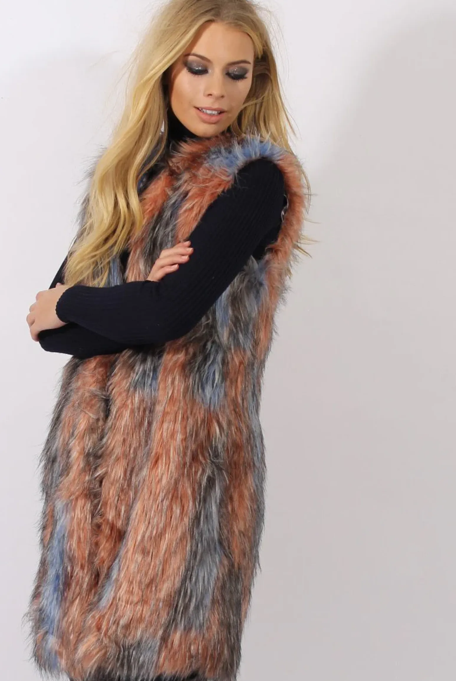 Rebellious Fashion Pink & Blue Faux Fur Long Gilet - Britt