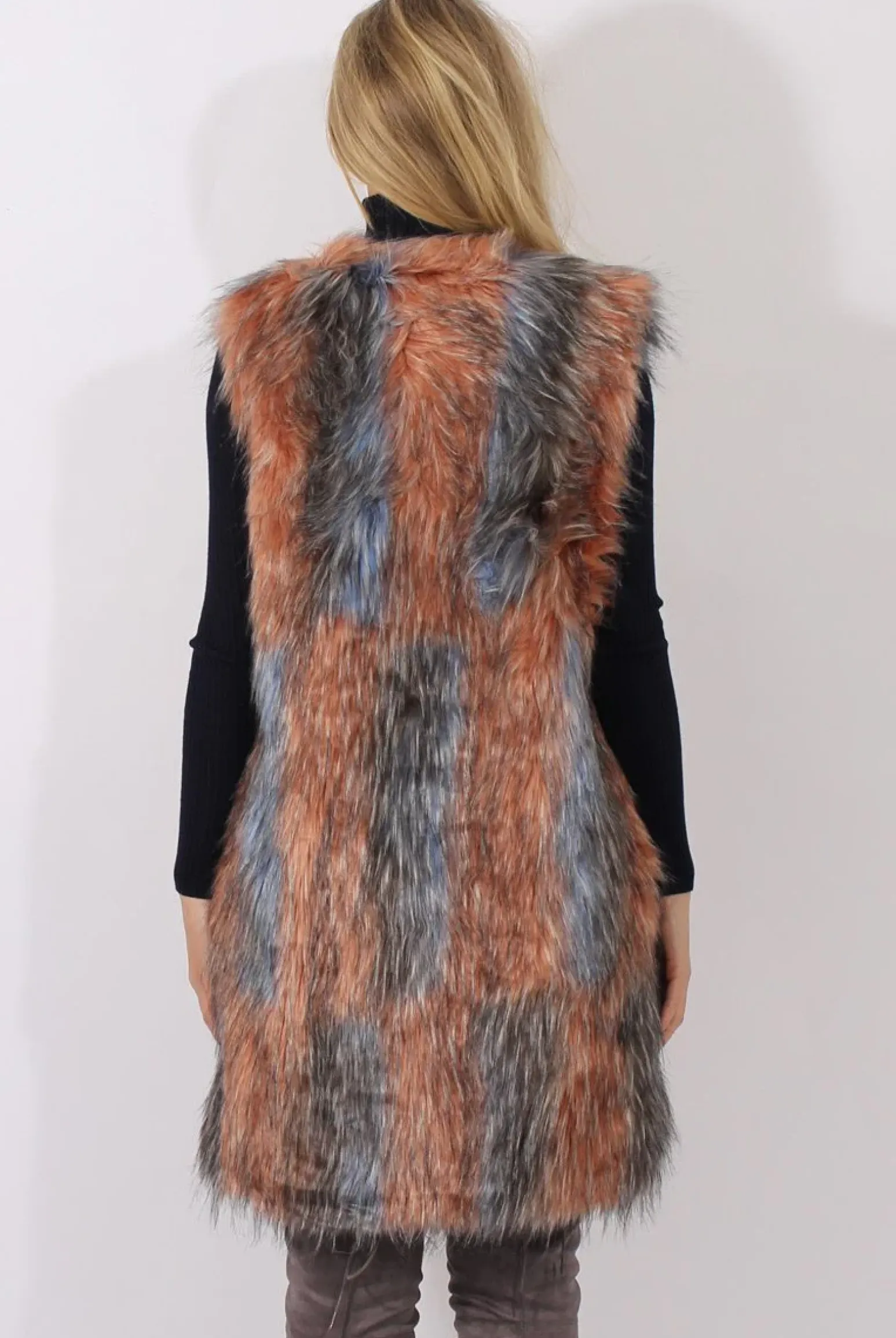 Rebellious Fashion Pink & Blue Faux Fur Long Gilet - Britt
