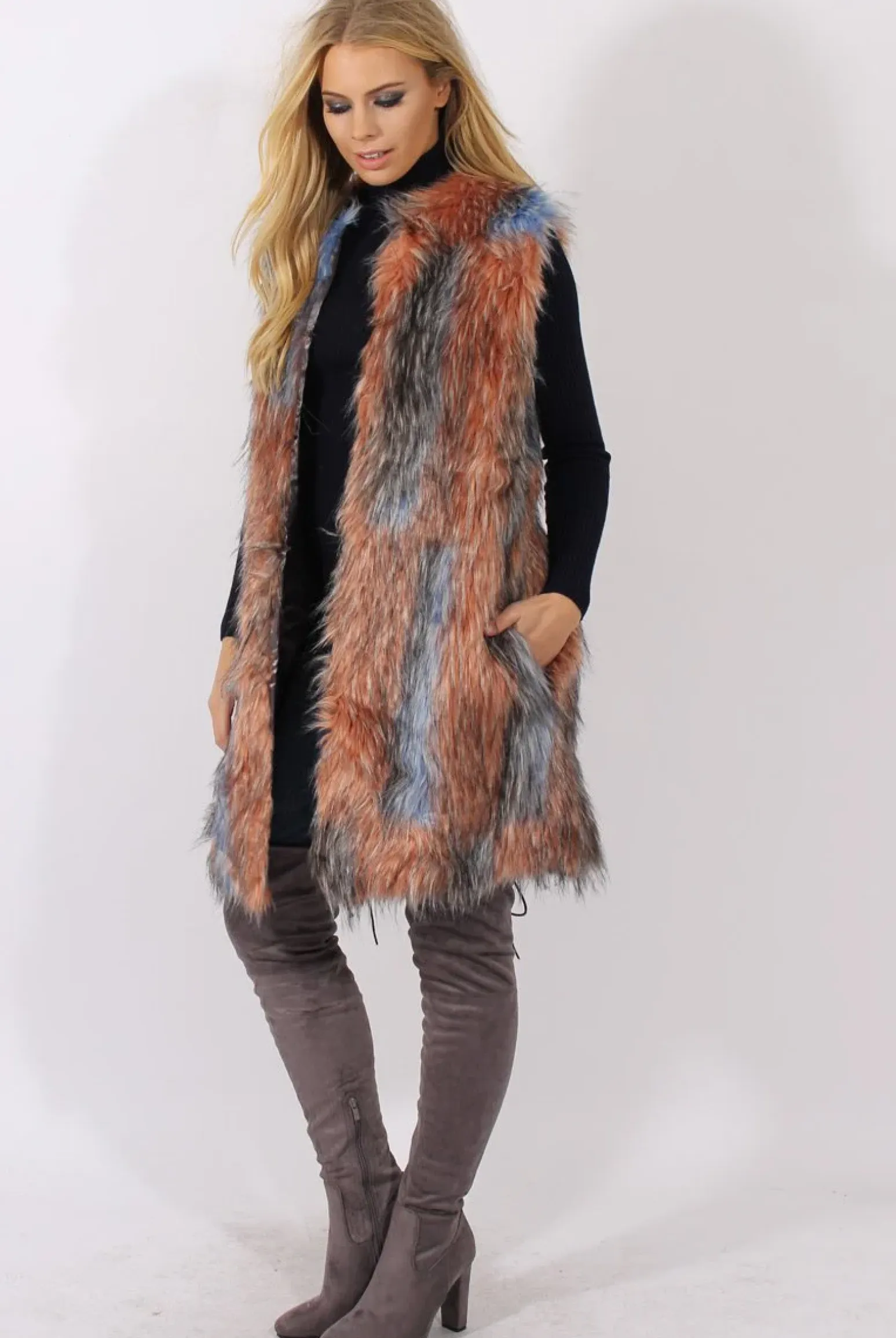 Rebellious Fashion Pink & Blue Faux Fur Long Gilet - Britt