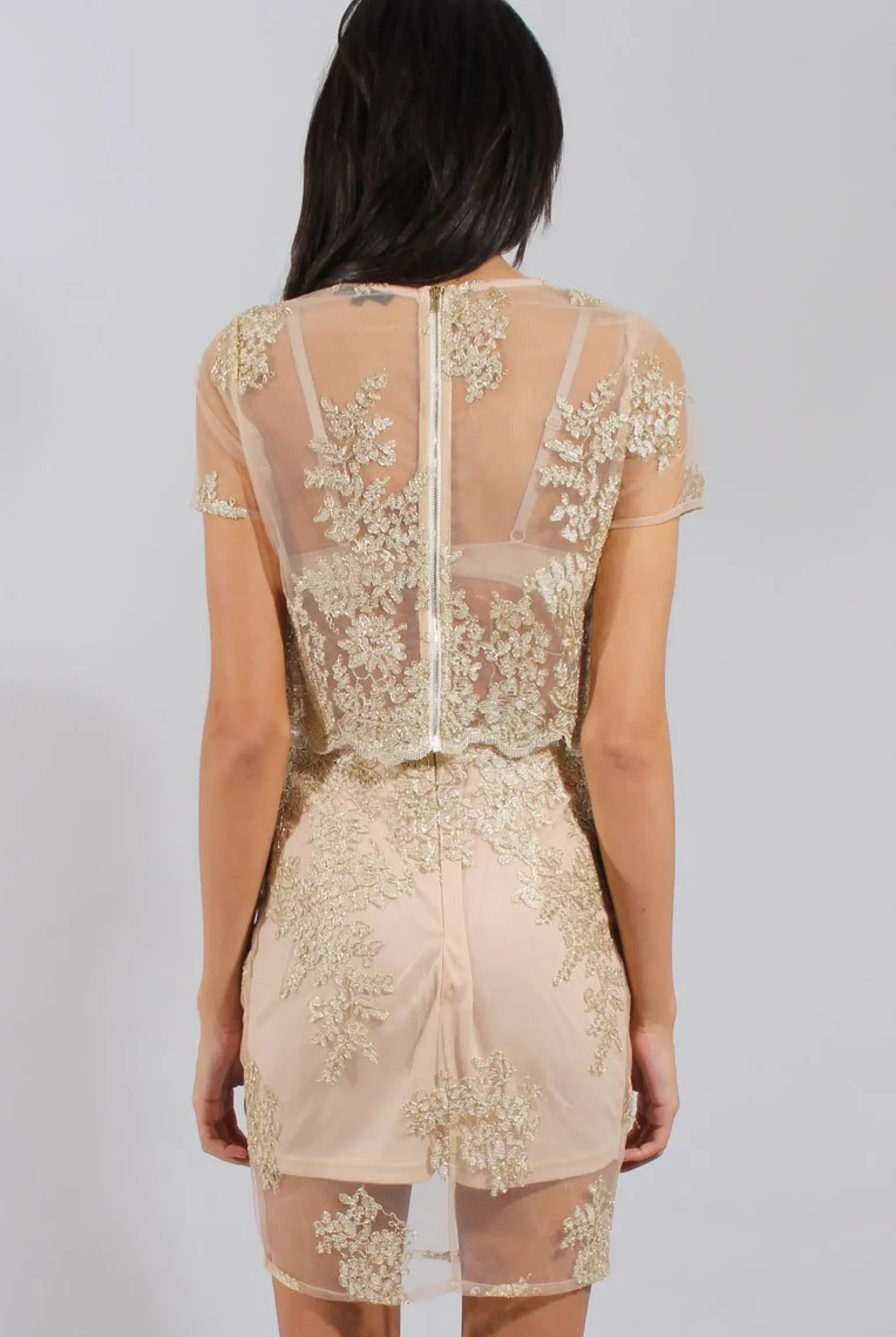 Rebellious Fashion Pink & Gold Embellished Mesh Co-ord - Leila