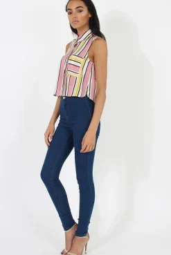 Rebellious Fashion Pink & Yellow Stripe Sleeveless Shirt - Ayesha