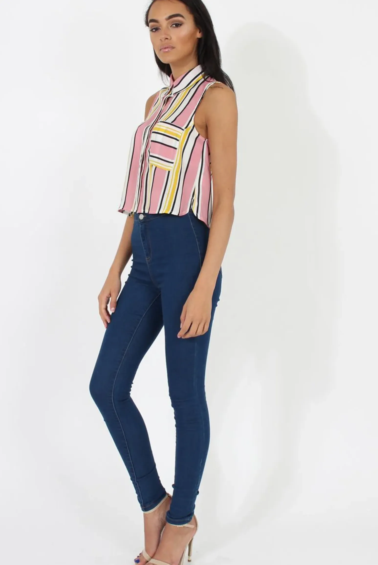 Rebellious Fashion Pink & Yellow Stripe Sleeveless Shirt - Ayesha