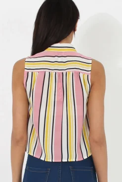 Rebellious Fashion Pink & Yellow Stripe Sleeveless Shirt - Ayesha