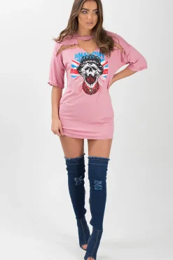 Rebellious Fashion Pink Anarchy Cut Out Pin Detail T-Shirt Dress - Lollie