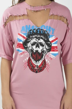 Rebellious Fashion Pink Anarchy Cut Out Pin Detail T-Shirt Dress - Lollie