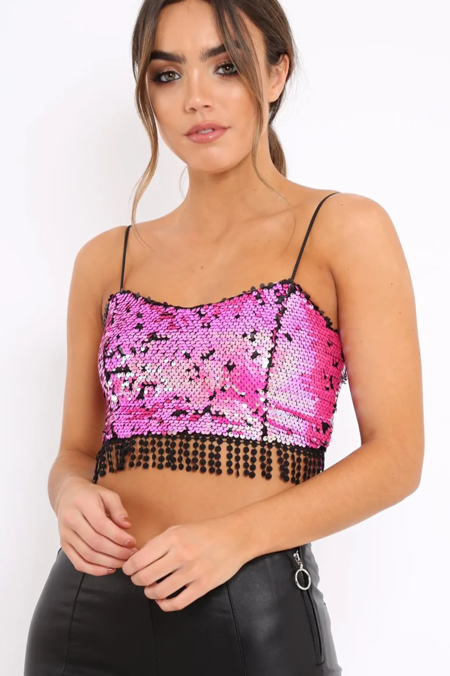 Rebellious Fashion Pink and Black Sequin Crop Top - Kirstie