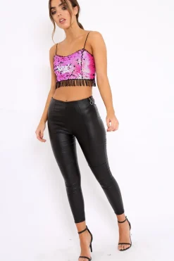 Rebellious Fashion Pink and Black Sequin Crop Top - Kirstie