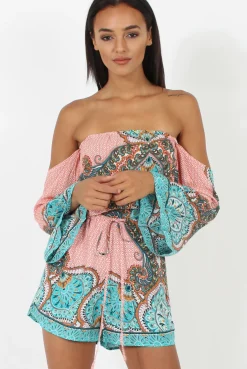 Rebellious Fashion Pink And Blue Paisley Bardot Playsuit - Aaliyah