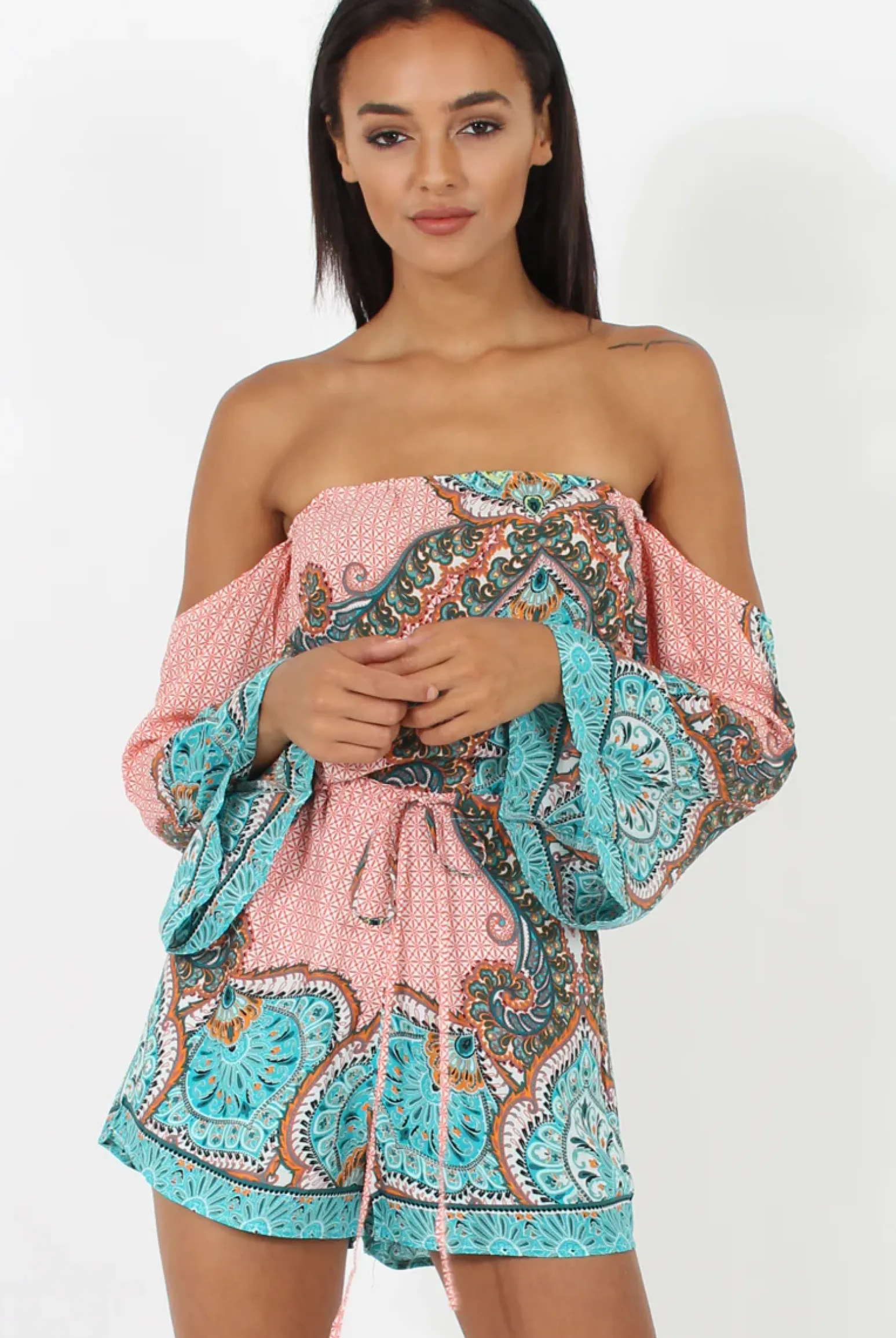 Rebellious Fashion Pink And Blue Paisley Bardot Playsuit - Aaliyah