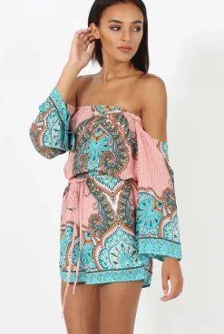 Rebellious Fashion Pink And Blue Paisley Bardot Playsuit - Aaliyah