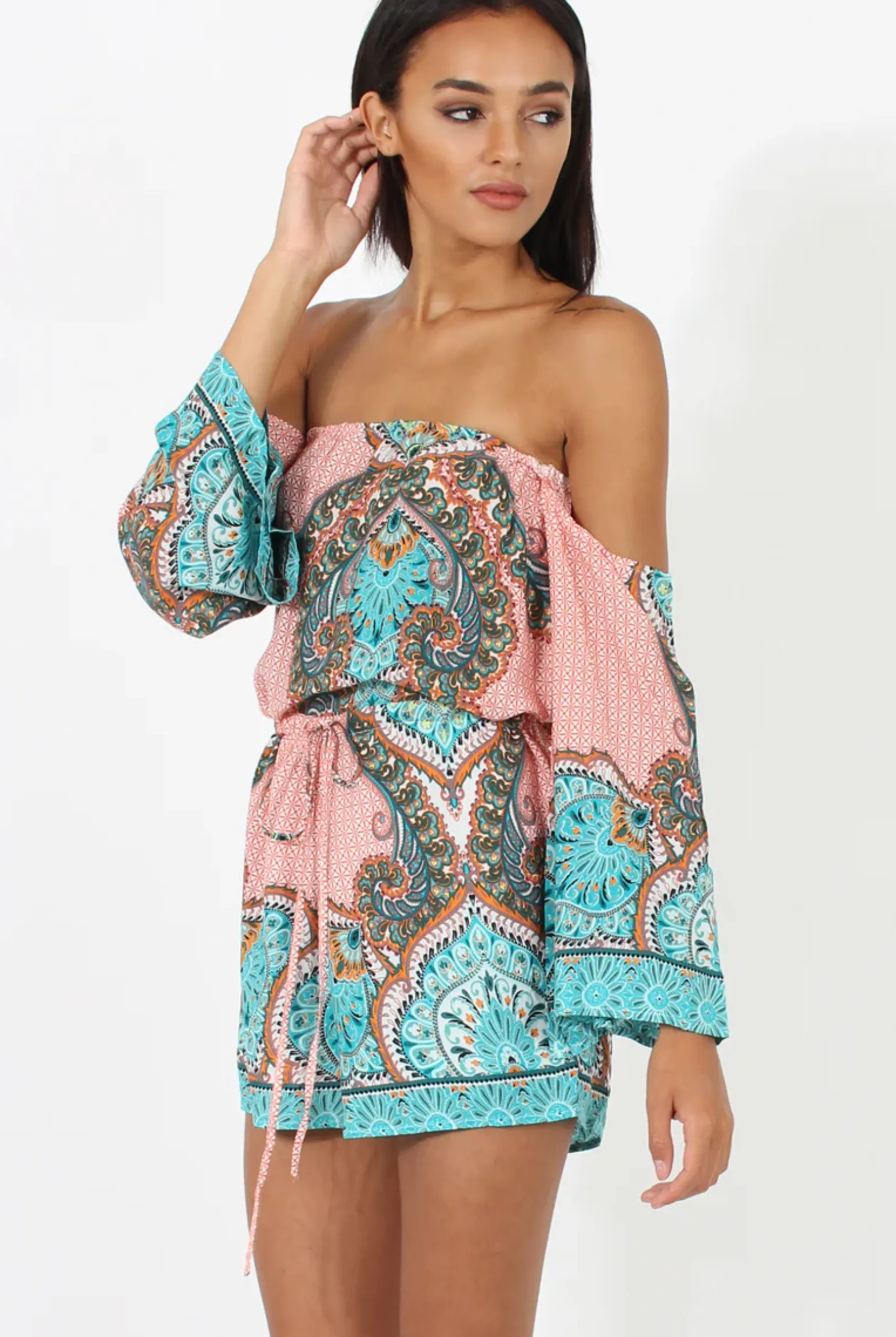Rebellious Fashion Pink And Blue Paisley Bardot Playsuit - Aaliyah