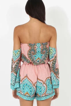 Rebellious Fashion Pink And Blue Paisley Bardot Playsuit - Aaliyah