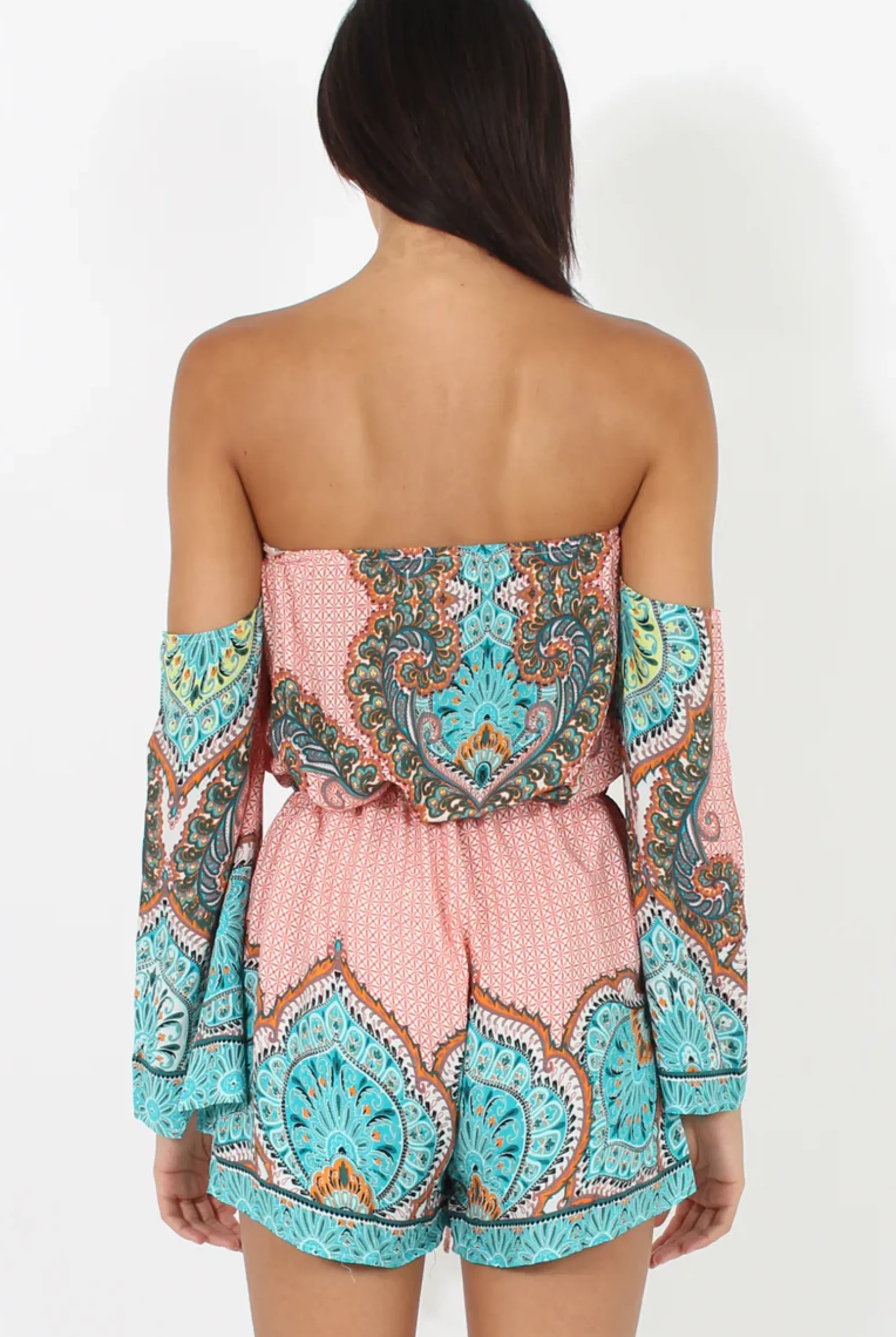 Rebellious Fashion Pink And Blue Paisley Bardot Playsuit - Aaliyah