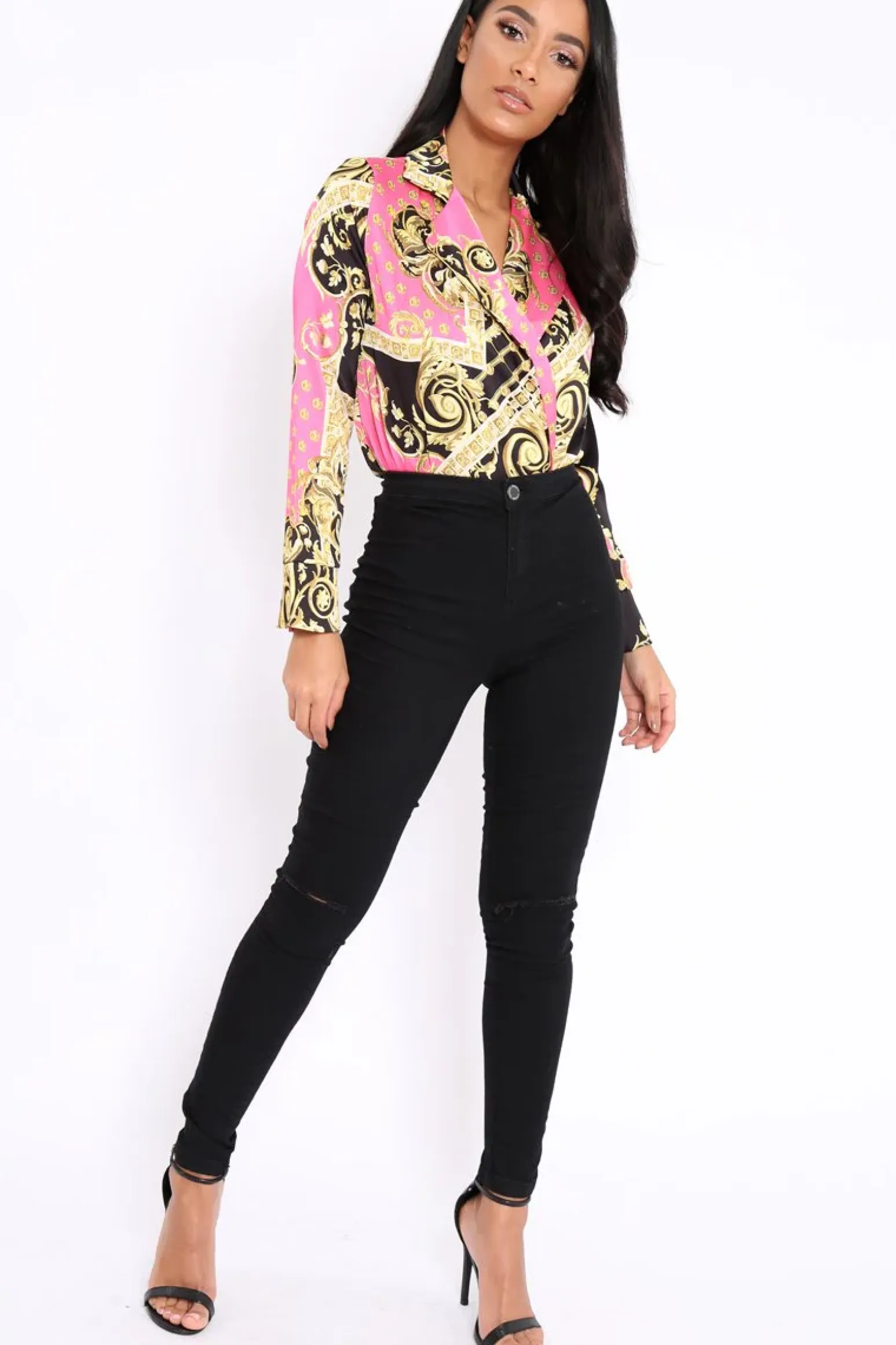 Rebellious Fashion Pink and Gold Scarf Print Satin Plunge Bodysuit - Moniqua