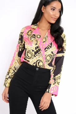 Rebellious Fashion Pink and Gold Scarf Print Satin Plunge Bodysuit - Moniqua