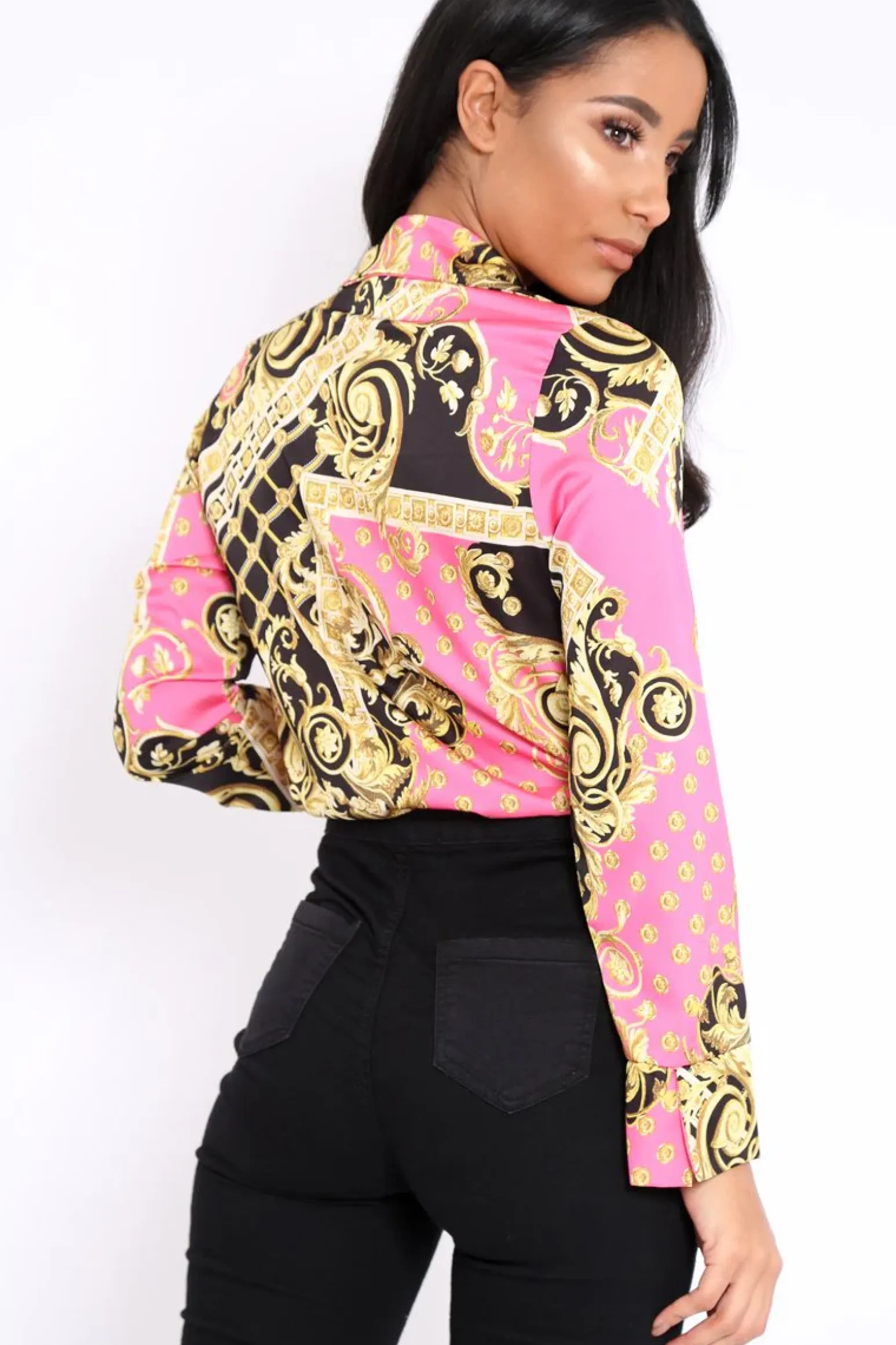 Rebellious Fashion Pink and Gold Scarf Print Satin Plunge Bodysuit - Moniqua