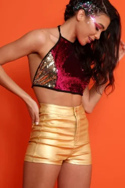 Rebellious Fashion Pink and Gold Sequin Halter Neck Crop Top - Hazel