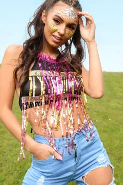 Rebellious Fashion Pink and Gold Tassel Sequin Halter Neck Crop Top - Marni