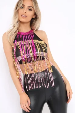 Rebellious Fashion Pink and Gold Tassel Sequin Halter Neck Crop Top - Marni