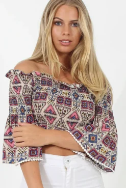 Rebellious Fashion Pink and Nude Aztec Bardot Crop Top - Ela
