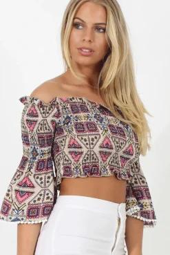 Rebellious Fashion Pink and Nude Aztec Bardot Crop Top - Ela