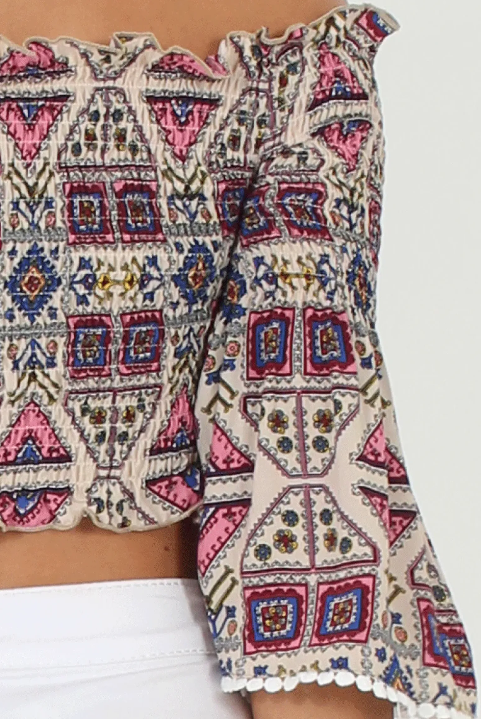 Rebellious Fashion Pink and Nude Aztec Bardot Crop Top - Ela