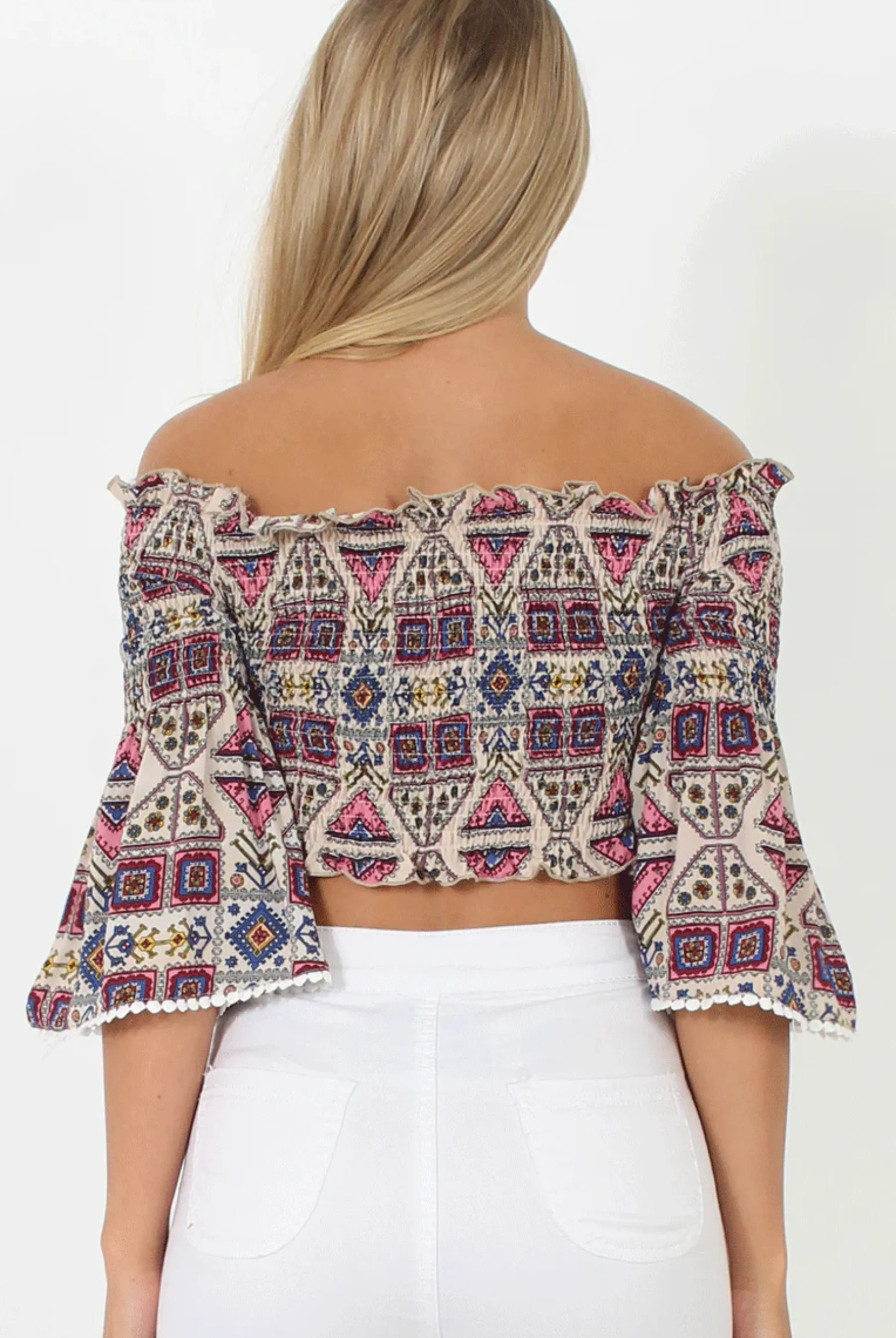 Rebellious Fashion Pink and Nude Aztec Bardot Crop Top - Ela