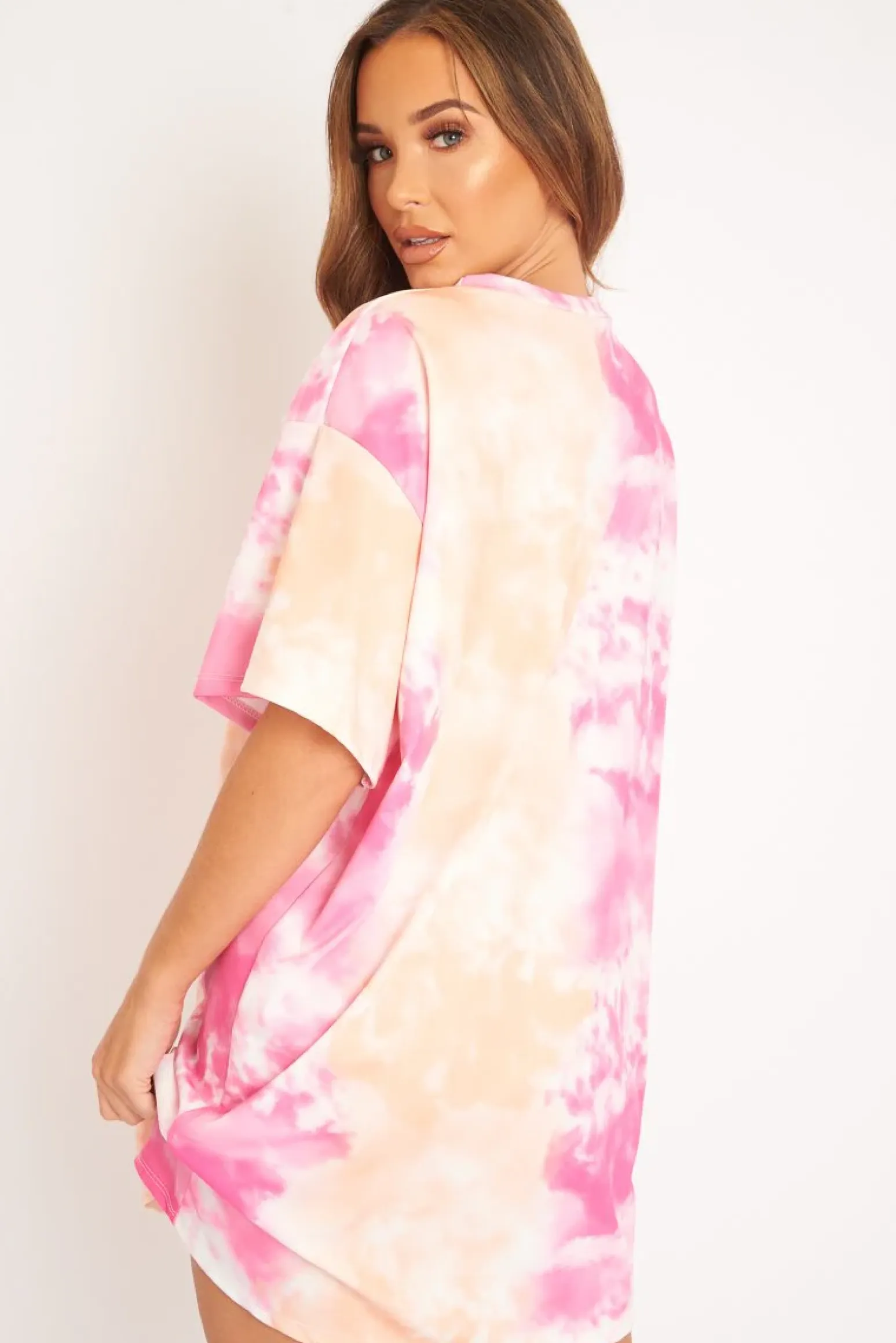 Rebellious Fashion Pink and Peach Cloudy Tie Dye Tshirt Dress - Clara