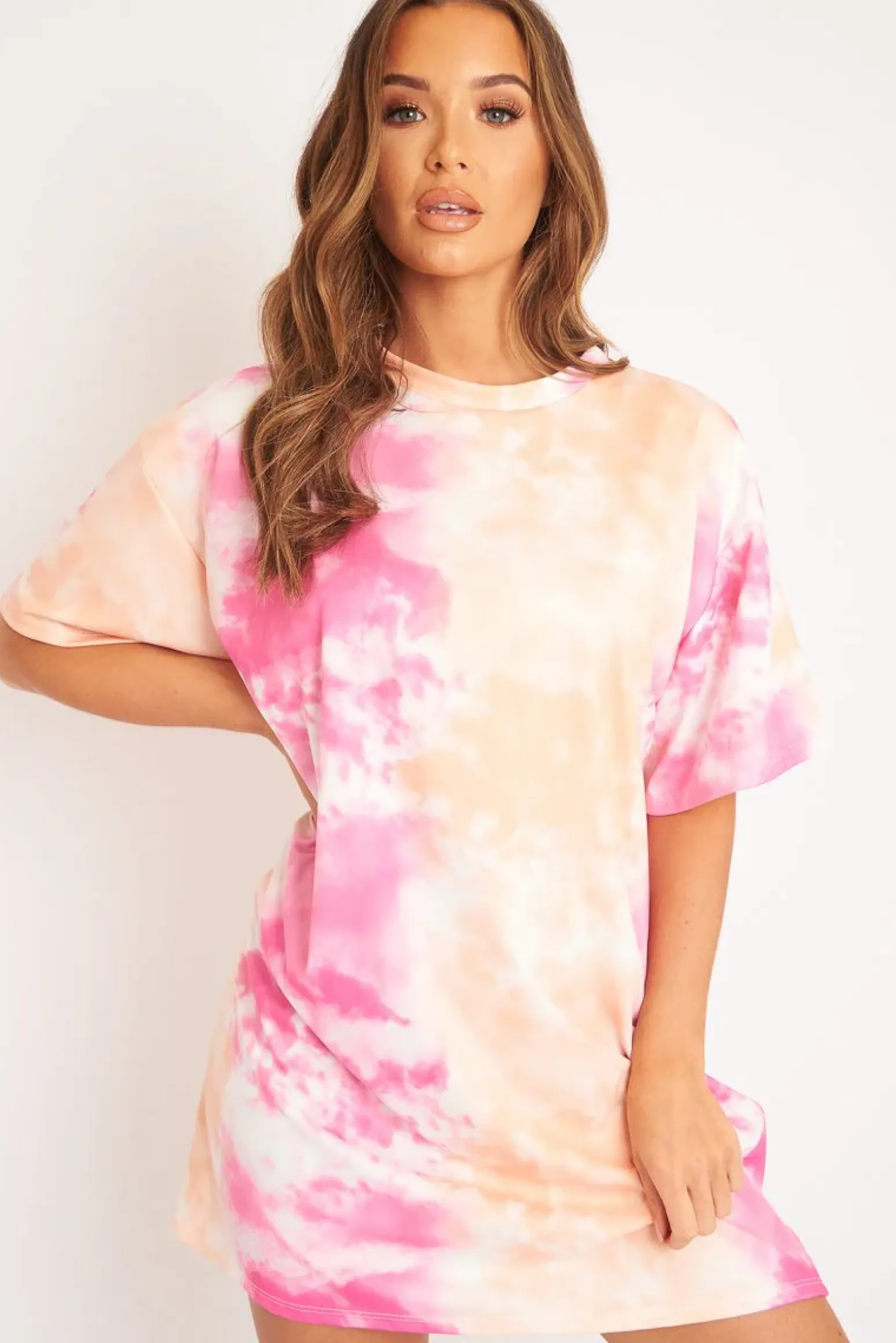 Rebellious Fashion Pink and Peach Cloudy Tie Dye Tshirt Dress - Clara