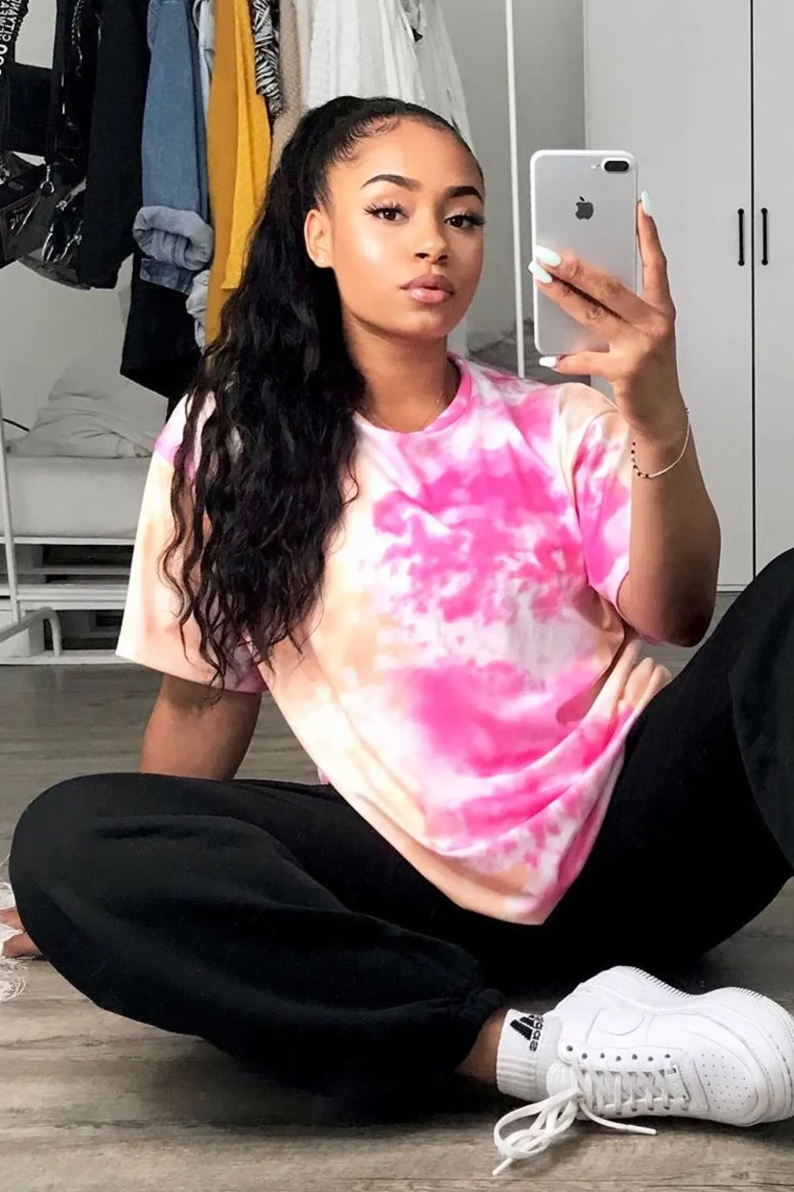 Rebellious Fashion Pink and Peach Cloudy Tie Dye Tshirt Dress - Clara