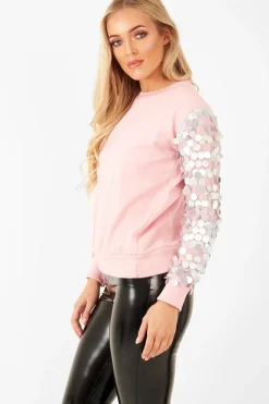Rebellious Fashion Pink and Silver Sequin Sleeve Sweatshirt - Tasmin