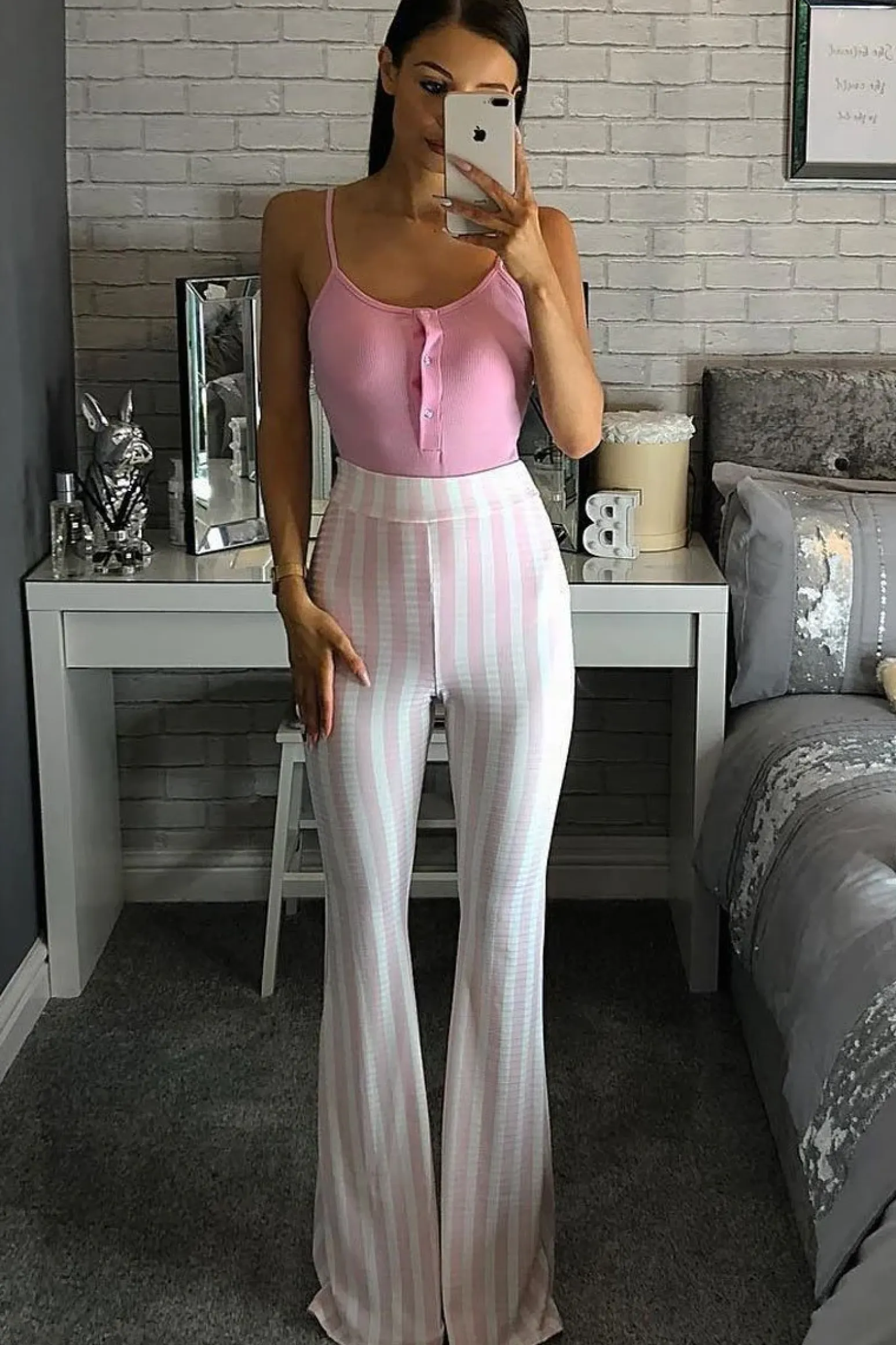 Rebellious Fashion Pink And White Candy Stripe Flared Trousers - Nida