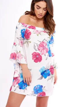 Rebellious Fashion Pink And White Floral Bell Sleeved Bardot Dress - Cheynie
