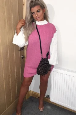 Rebellious Fashion Pink And White Knitted High Neck Oversized Jumper - Cerina