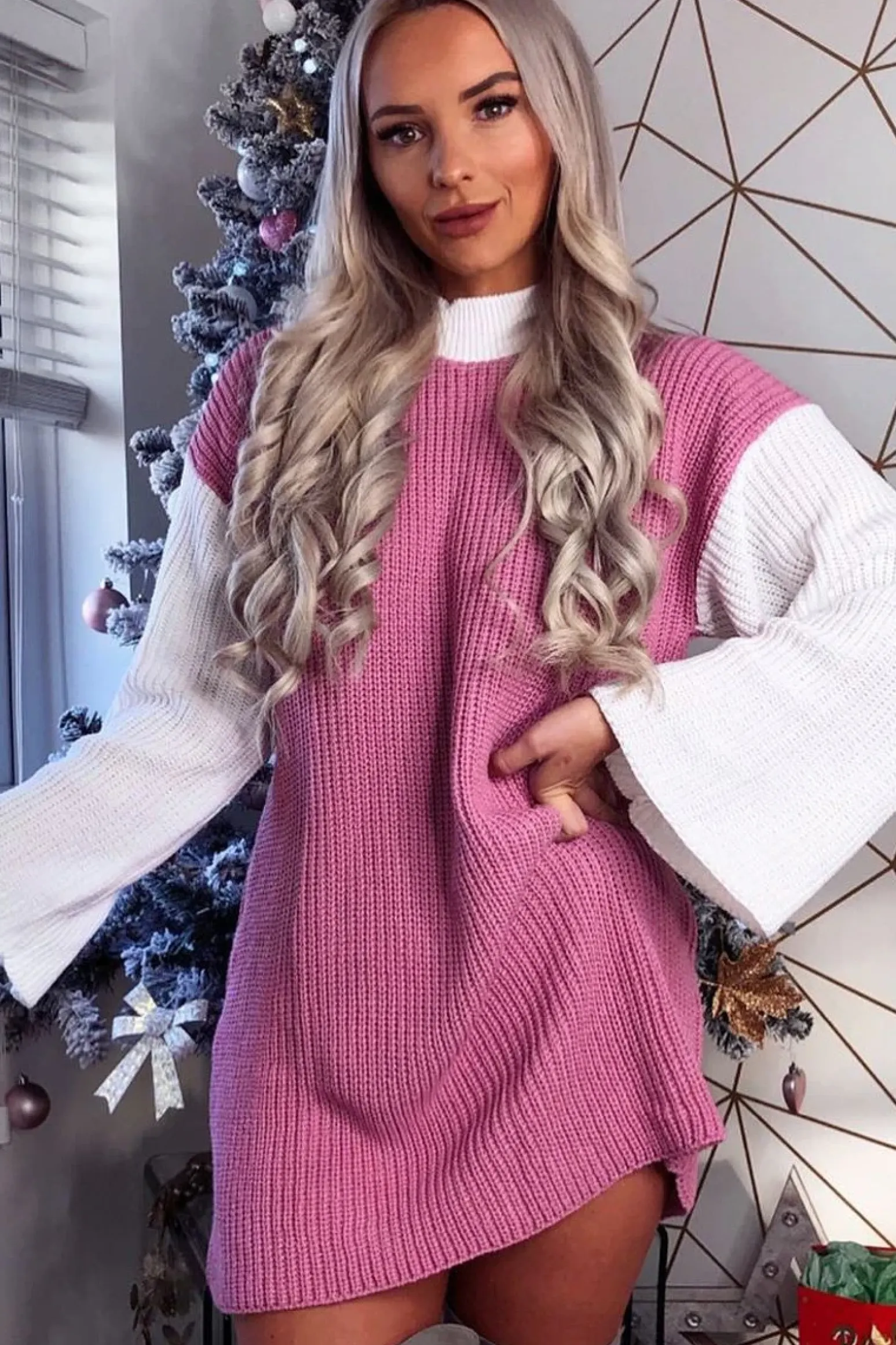 Rebellious Fashion Pink And White Knitted High Neck Oversized Jumper - Cerina