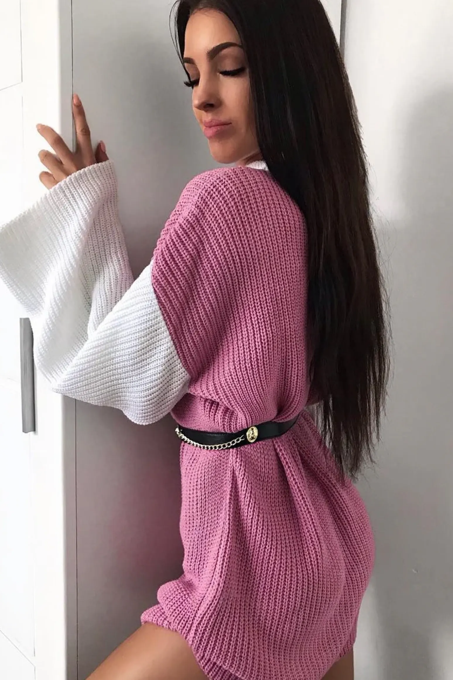 Rebellious Fashion Pink And White Knitted High Neck Oversized Jumper - Cerina