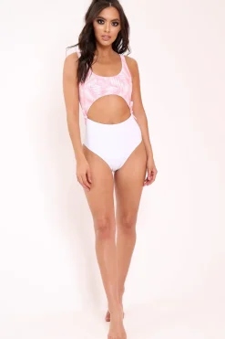 Rebellious Fashion Pink and White Palm Leaf Print Cut Out Middle Swimsuit - Jasani
