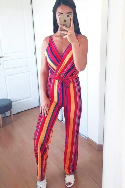 Rebellious Fashion Pink And Yellow Plunge Wide Leg Jumpsuit - Saidi