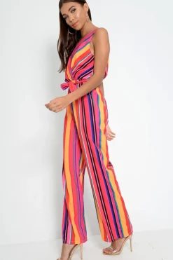 Rebellious Fashion Pink And Yellow Plunge Wide Leg Jumpsuit - Saidi