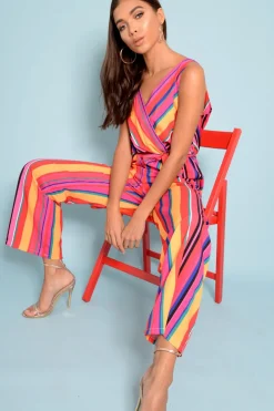 Rebellious Fashion Pink And Yellow Plunge Wide Leg Jumpsuit - Saidi