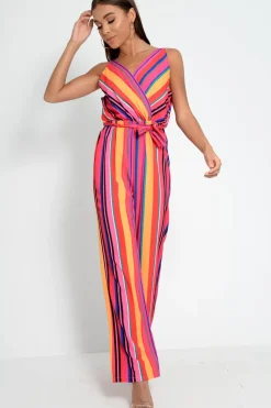 Rebellious Fashion Pink And Yellow Plunge Wide Leg Jumpsuit - Saidi