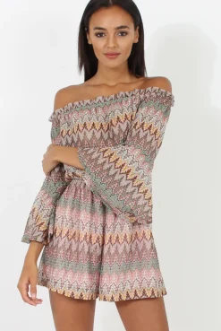 Rebellious Fashion Pink Aztec Print Crochet Bardot Playsuit - Nelly