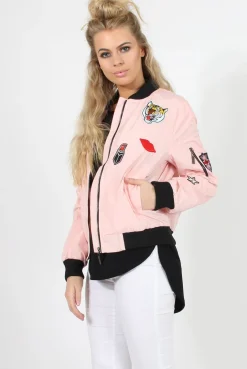 Rebellious Fashion Pink Badge Detail Bomber Jacket - Suzy
