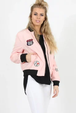 Rebellious Fashion Pink Badge Detail Bomber Jacket - Suzy