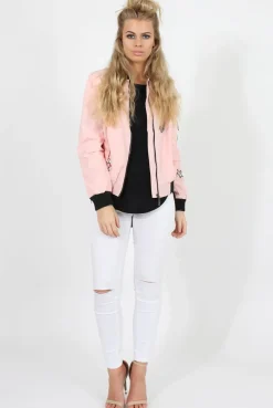 Rebellious Fashion Pink Badge Detail Bomber Jacket - Suzy