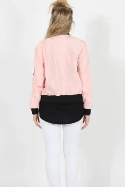 Rebellious Fashion Pink Badge Detail Bomber Jacket - Suzy