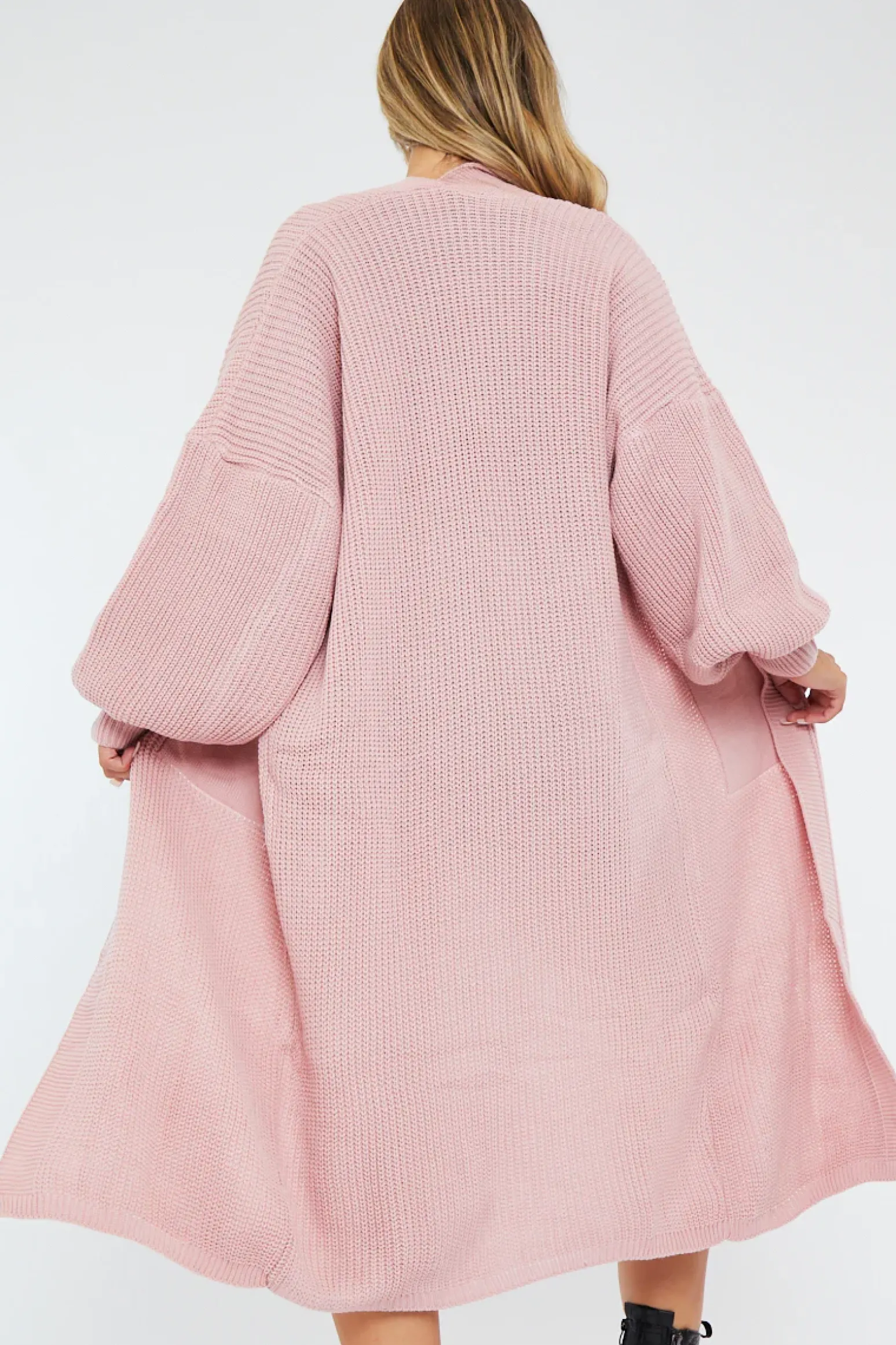 Rebellious Fashion Pink Balloon Sleeve Maxi Knit Cardigan - Imara