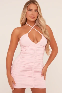 Rebellious Fashion Pink Bandeau Ruched Tie Detail Bodycon Mini Dress - Damian